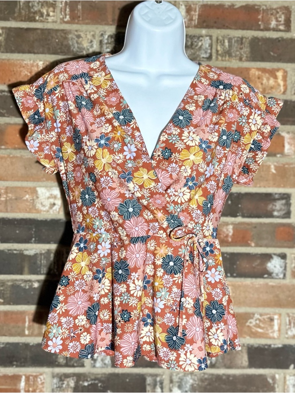 Floral Peplum Top in Rust with Ruffle Sleeves